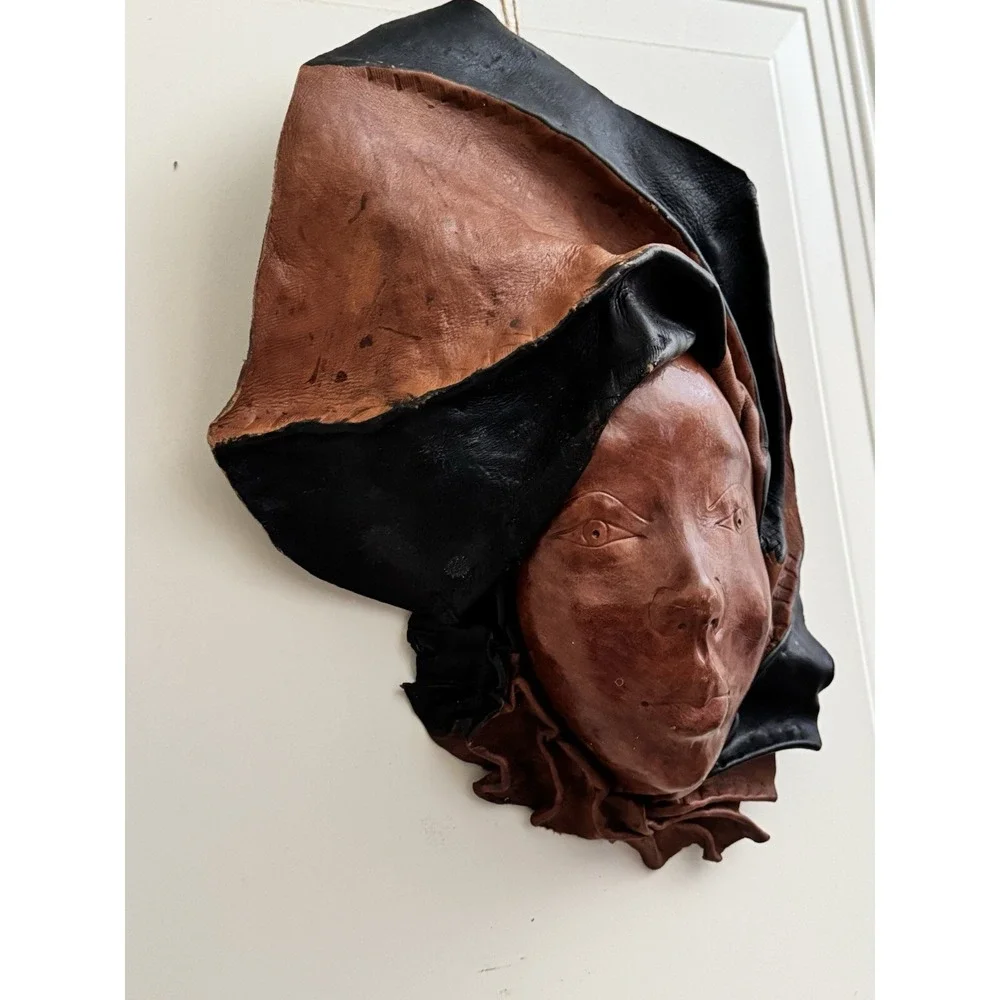 Vintage Africa Tribal‎ Leather Face Mask Hand Sculptured Decorative Wall Art